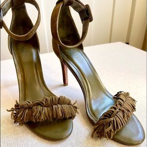 Joie Suede Fringed Sandal in Olive, 3.5” Heel Height